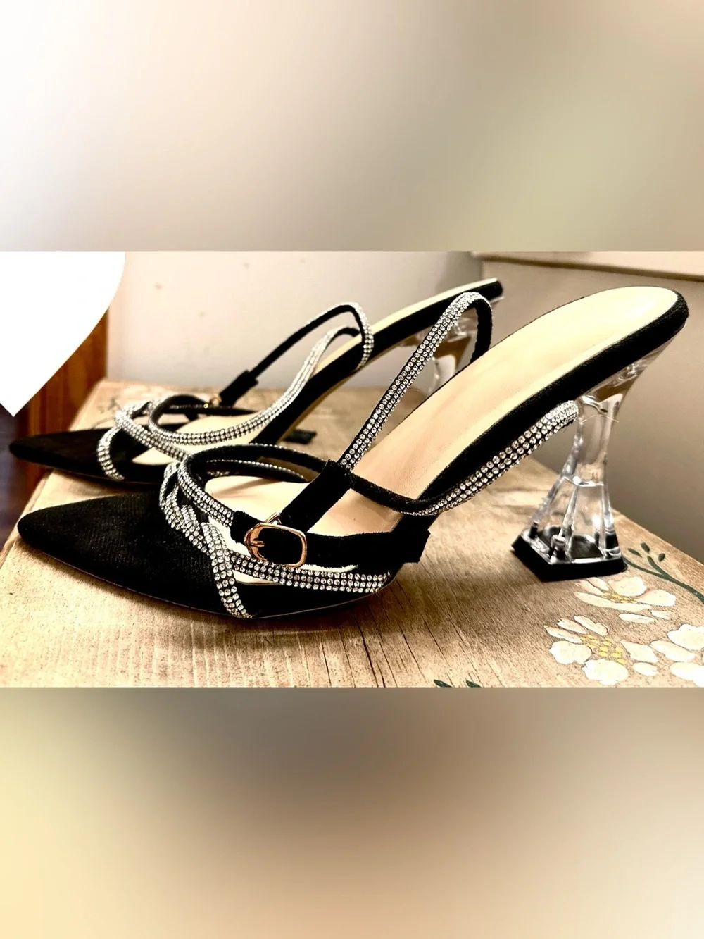 Black Crystal-Embellished Slingback Heels